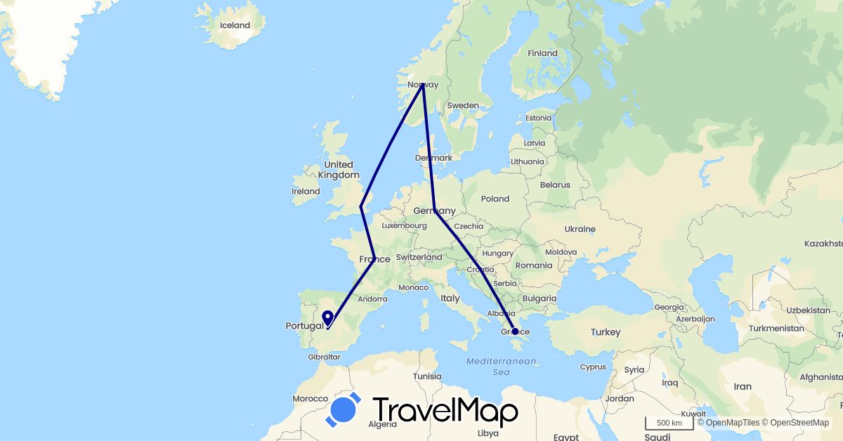 TravelMap itinerary: driving in Germany, Spain, France, United Kingdom, Greece, Croatia, Norway (Europe)